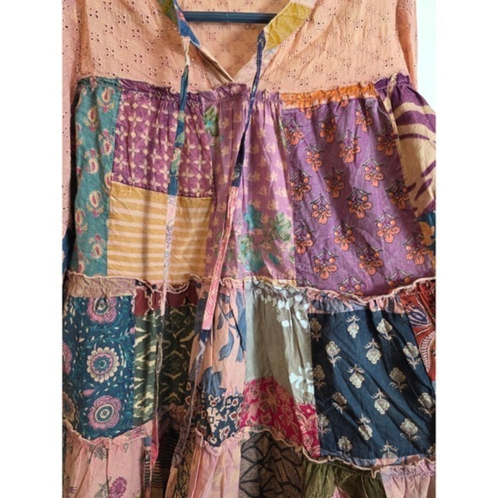 POL Womens Patchwork Eyelet Tunic Top Multi Color Bell Sleeve Cotton Medium - Picture 12 of 15